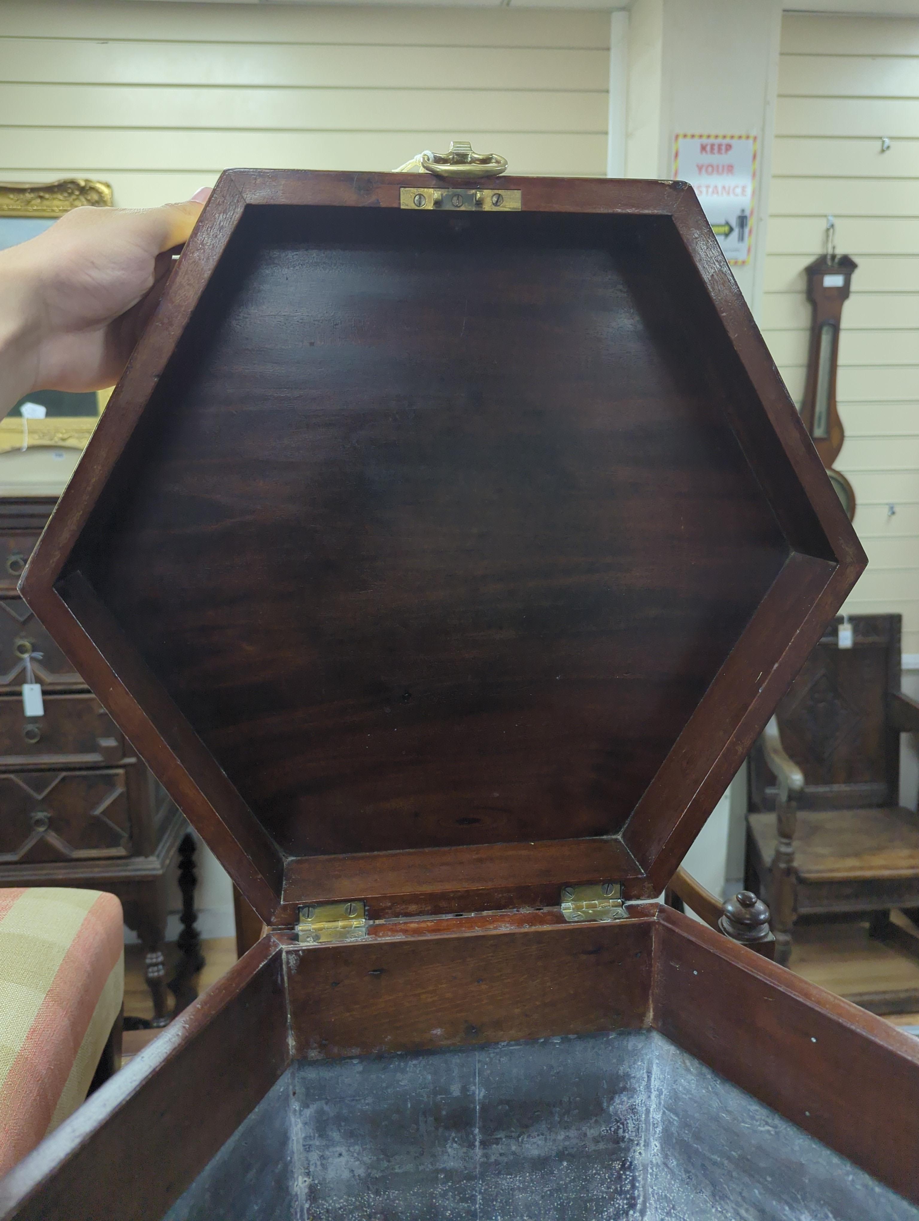 A George III hexagonal brass-bound wine cooler, width 48cm, height 66cm